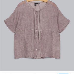 Eileen Fisher Women's Mauve Button-Up Tie Top in Gauze Linen Short Sleeve S